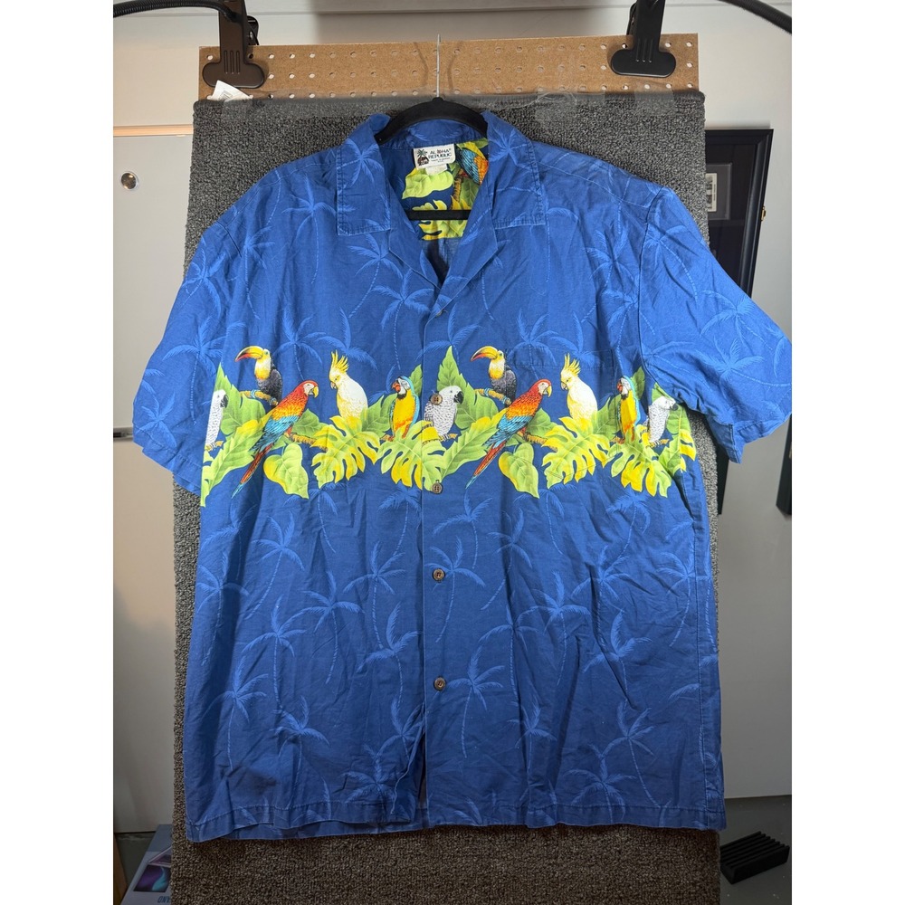 Aloha Republic Hawaiian Shirt Mens XL Blue Parrot Tropical Bird Made in USA